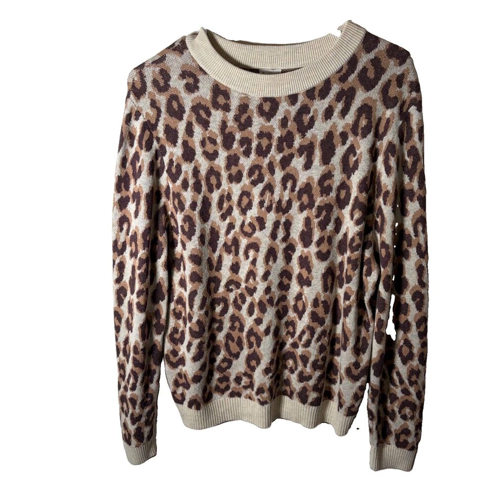 A New Day Sweater Women's Medium Beige Pullover Cheetah Round Neck Top